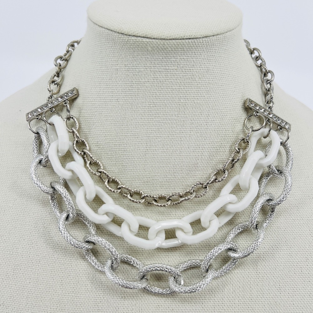New York & Company Necklace White Silver Chain Multi Strand Chunky Statement